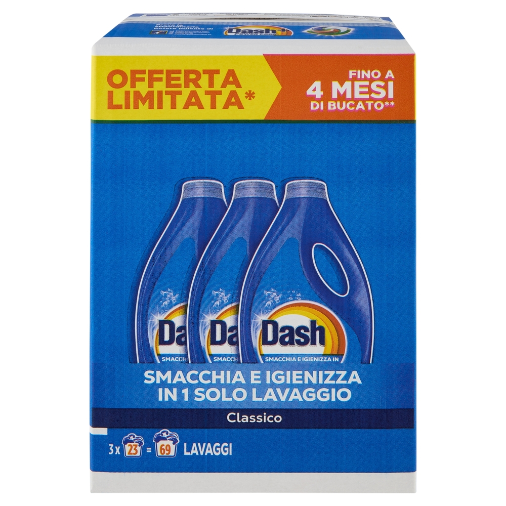 Dash Power Detersivo Liquido Lavatrice, Classico, 3x23 Lavaggi=69 Lavaggi 3x1035 ml